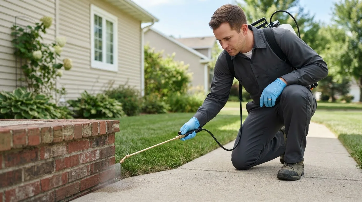 Pest control technician treating a home near Owensburg, IN