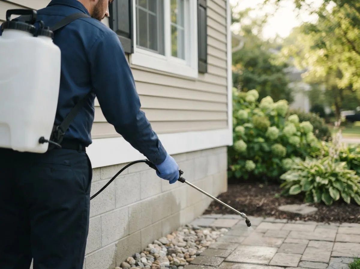 Pest control technician inspecting a home in Owensburg, IN